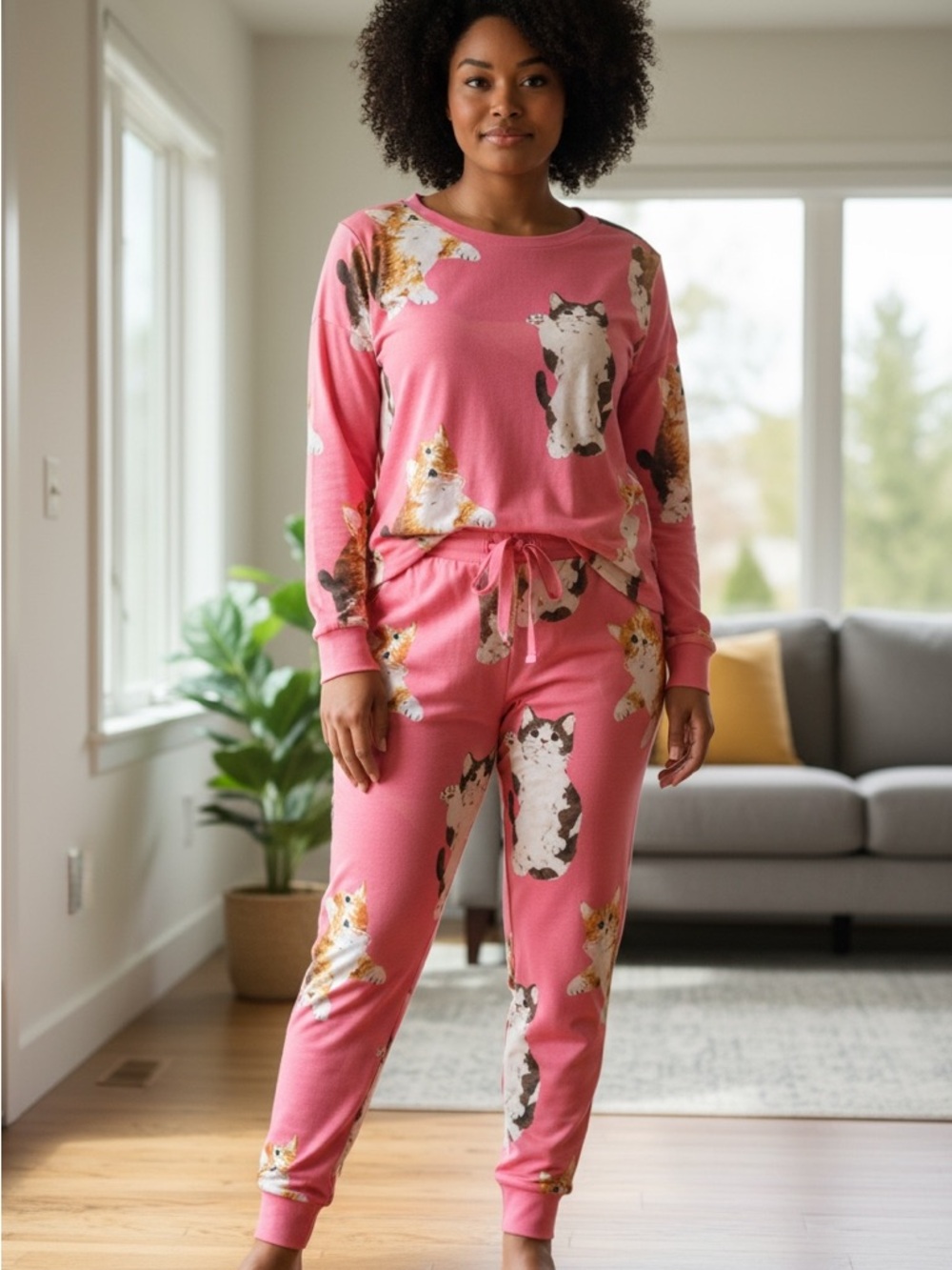 NWT PIXIE LADY XXL Cat Print Lounge Jogger PJ Set VIBRANT PINK GIFT CAT LOVERS